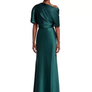 Amsale Draped One Shoulder Gown in Dark Green